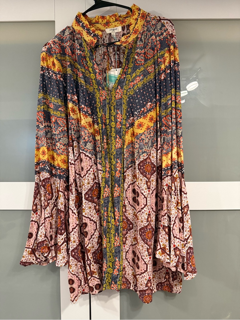 Bohemian Mixed-Print Button Front Tunic - Yellow, Navy, Pink
